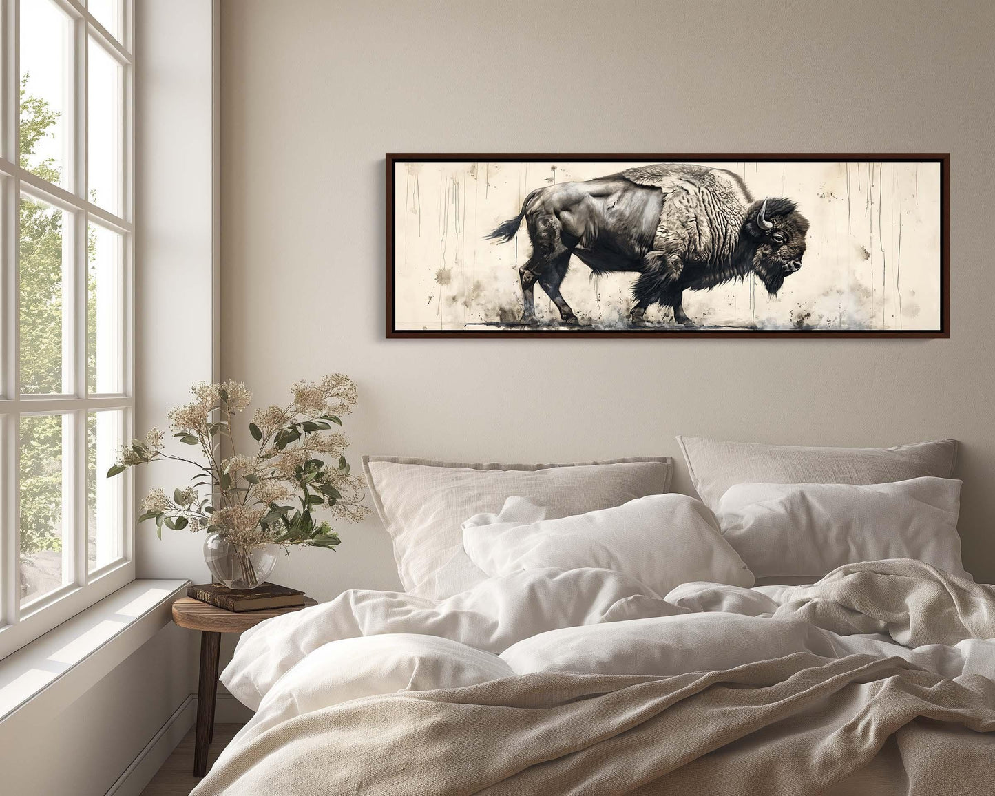 Bison canvas wall art shown above a bed
