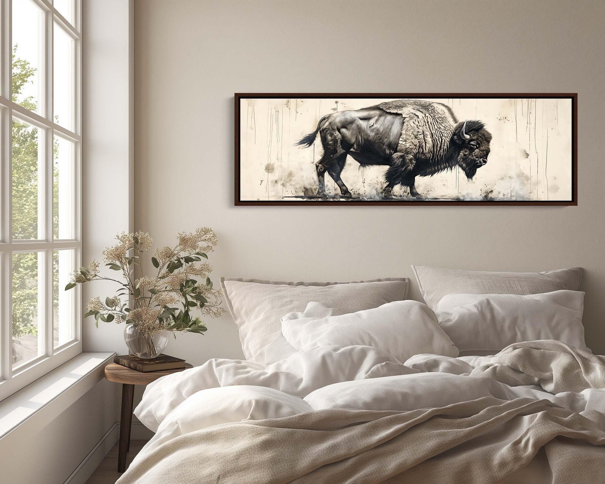 Bison canvas wall art shown above a bed