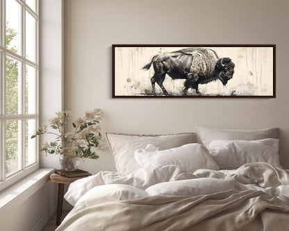 Bison canvas wall art shown above a bed