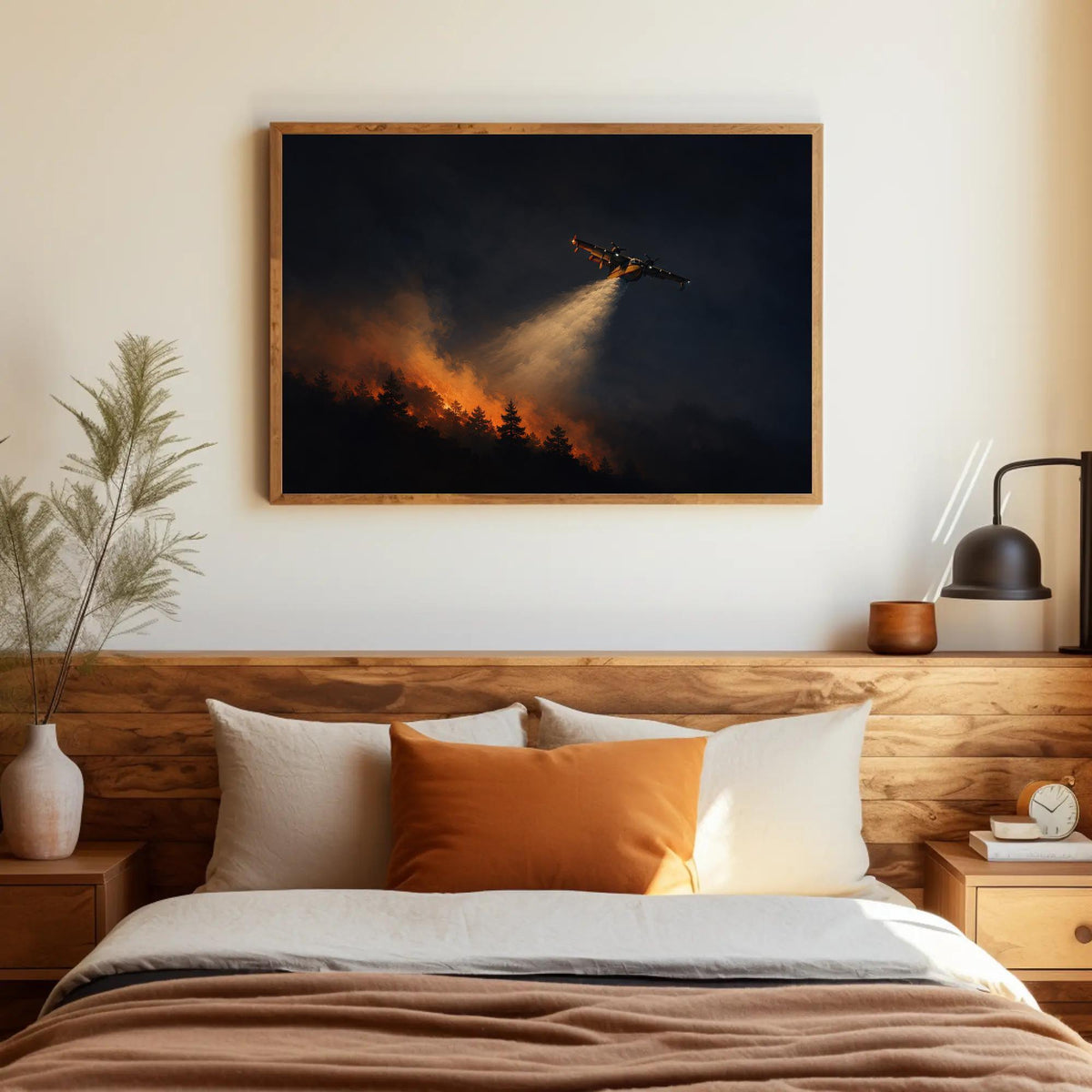 Firefighting air tanker canvas wall art in a room setting