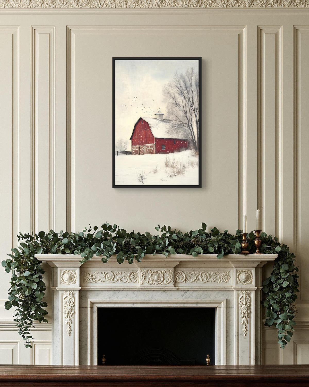 Red barn in winter snow canvas wall art, cozy fireplace with a framed painting of a red barn in the background, surrounded