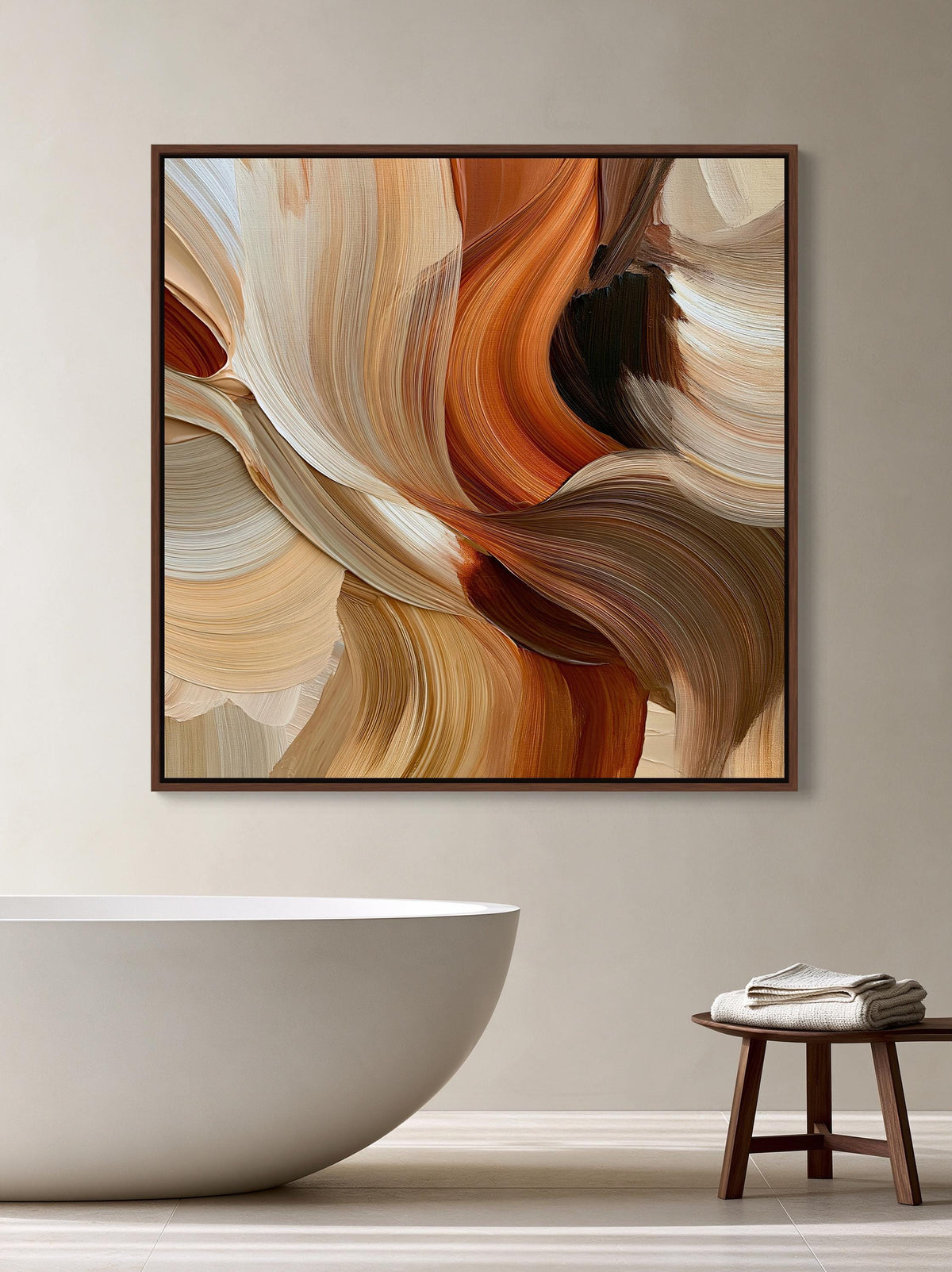 Abstract flowing hair canvas wall art, large abstract painting hanging on a wall above a white bathtub in a bathroom setting