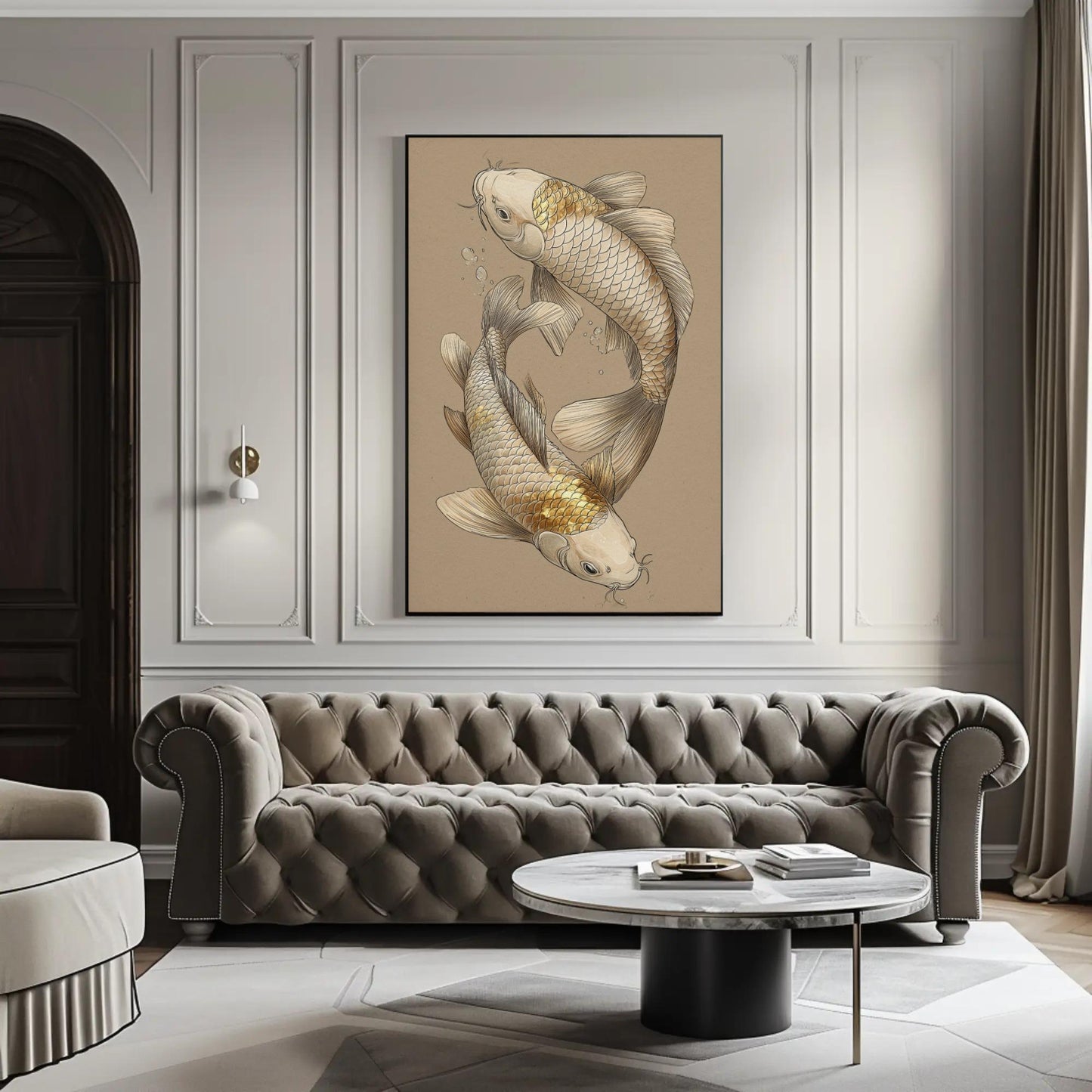 Japanese Koi Fish Art canvas wall art shown in a living room (view 2)
