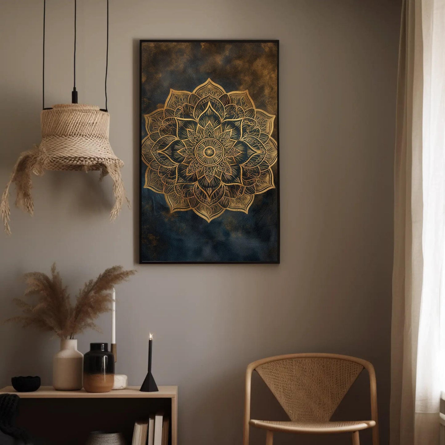 Gold Mandala canvas wall art shown in a styled interior