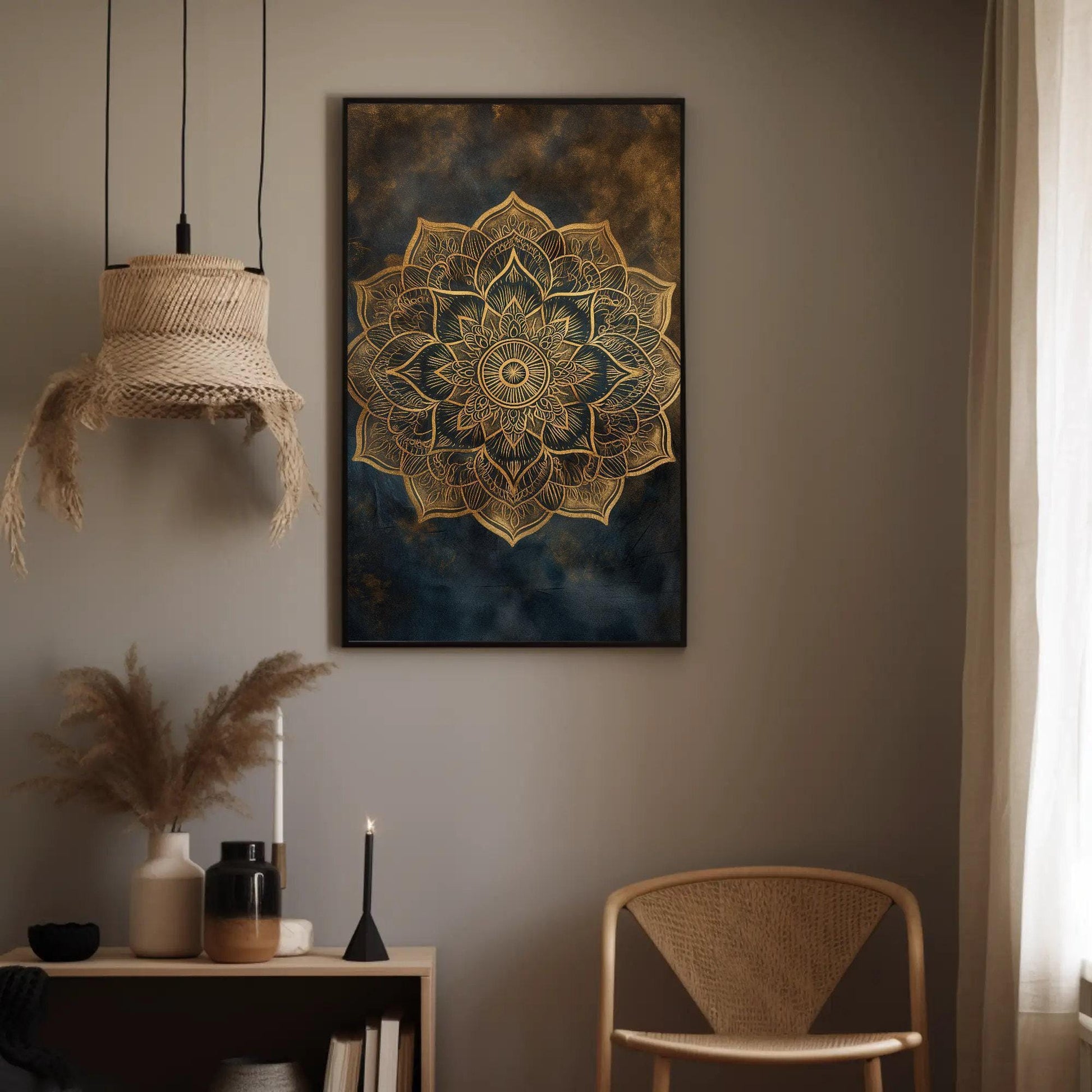 Gold Mandala canvas wall art shown in a styled interior
