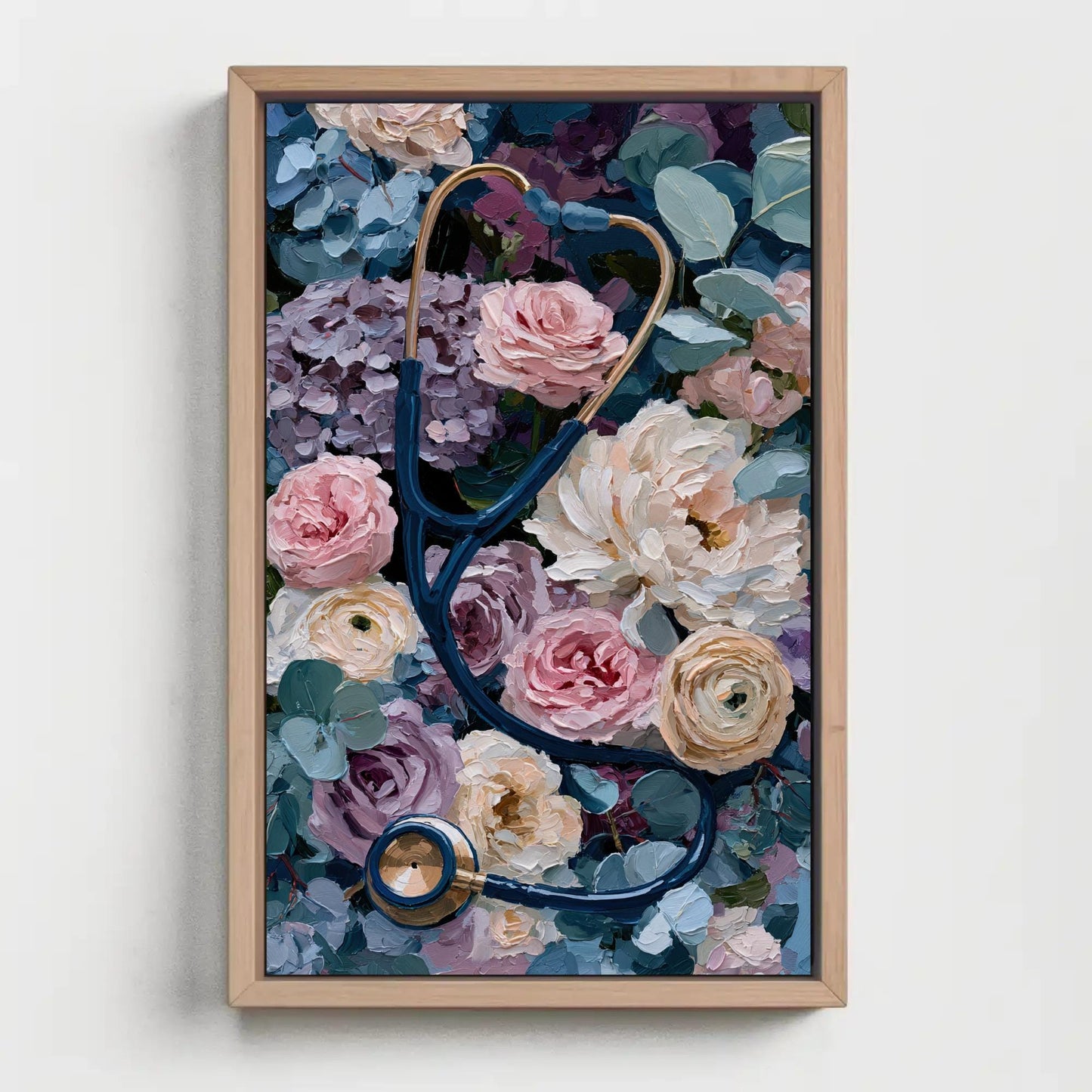 Stethoscope canvas wall art shown in a styled room