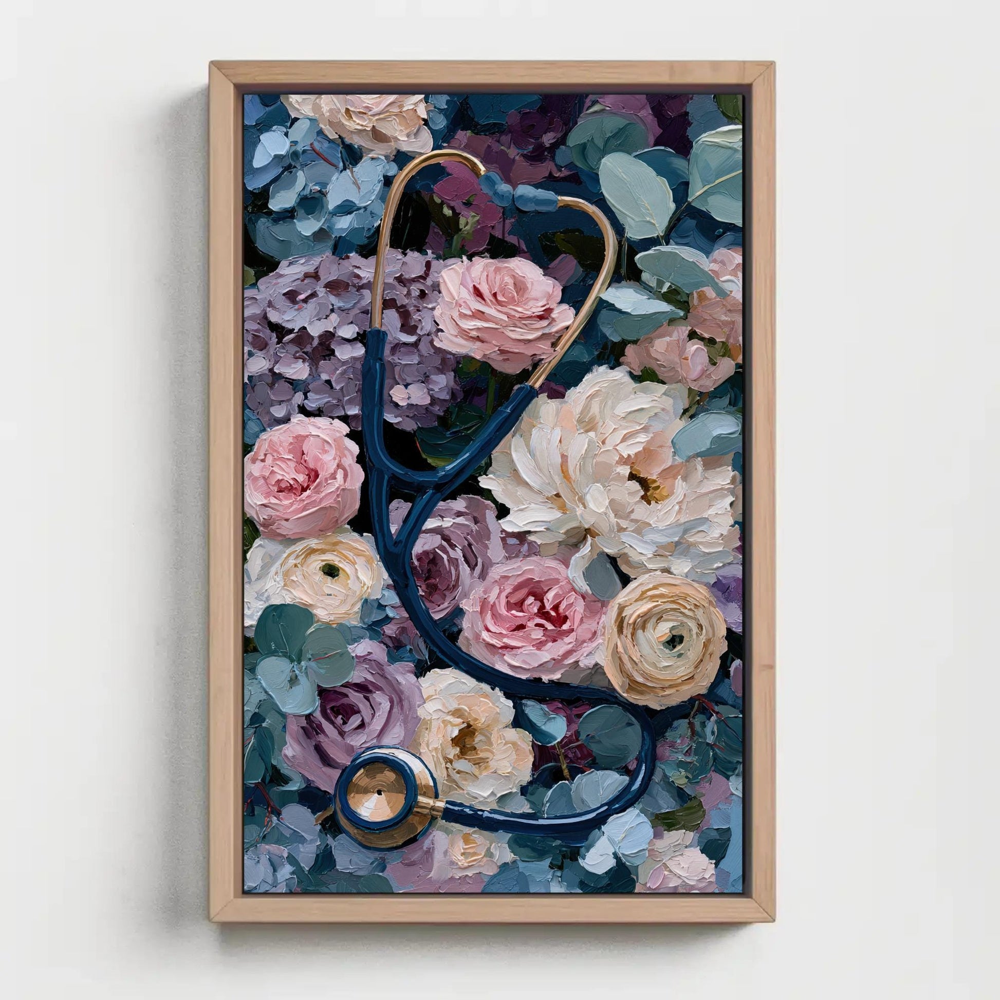 Stethoscope canvas wall art shown in a styled room