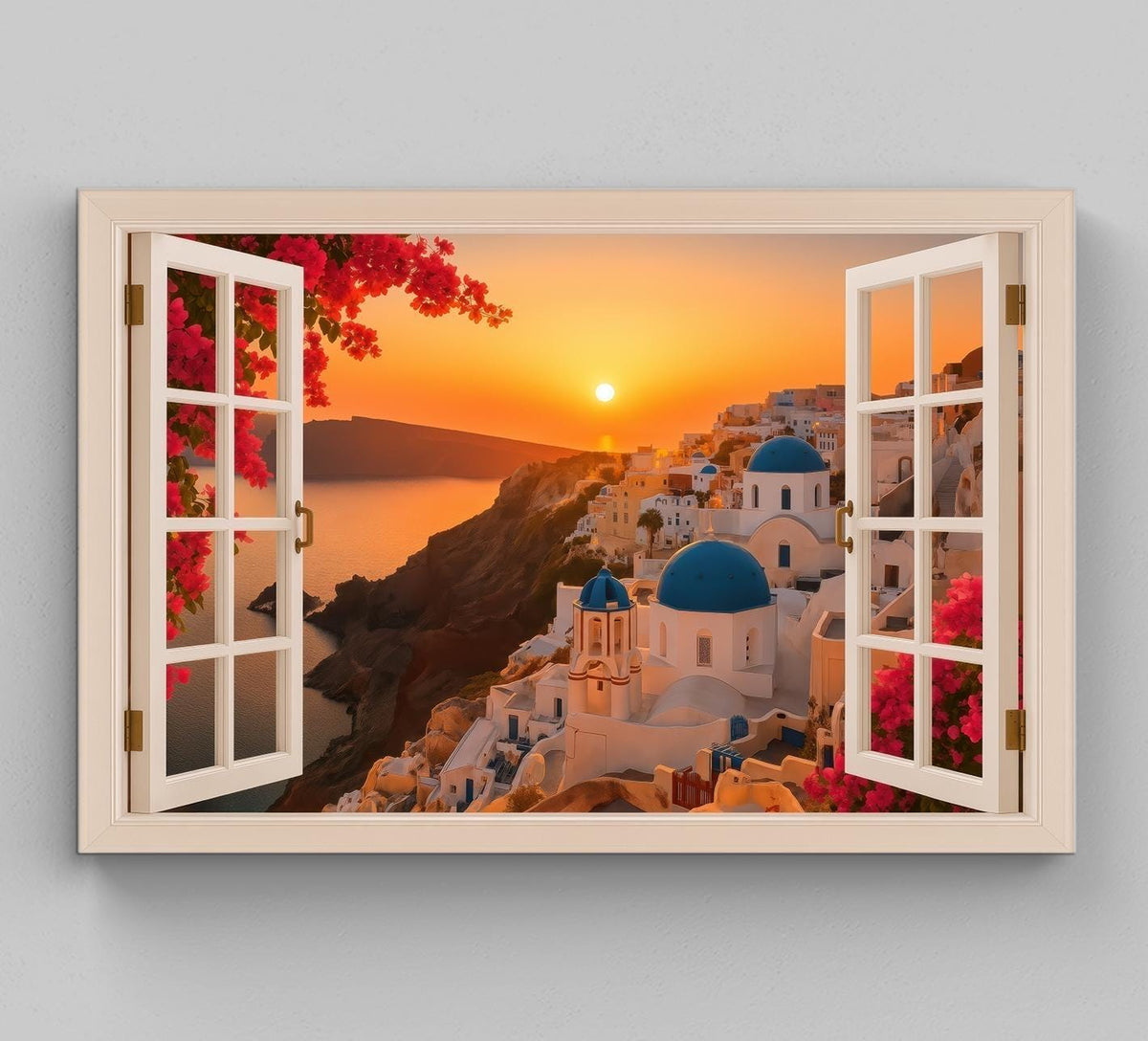 Santorini sunset canvas wall art, open window view of blue domes and bougainvillea at sunset