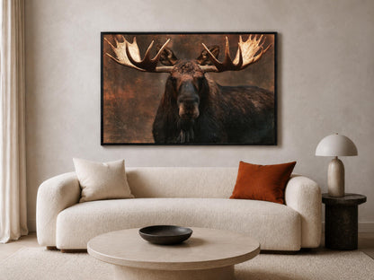 a large framed photograph of a moose with large antlers, hanging on a wall above a white sofa in a living room setting.