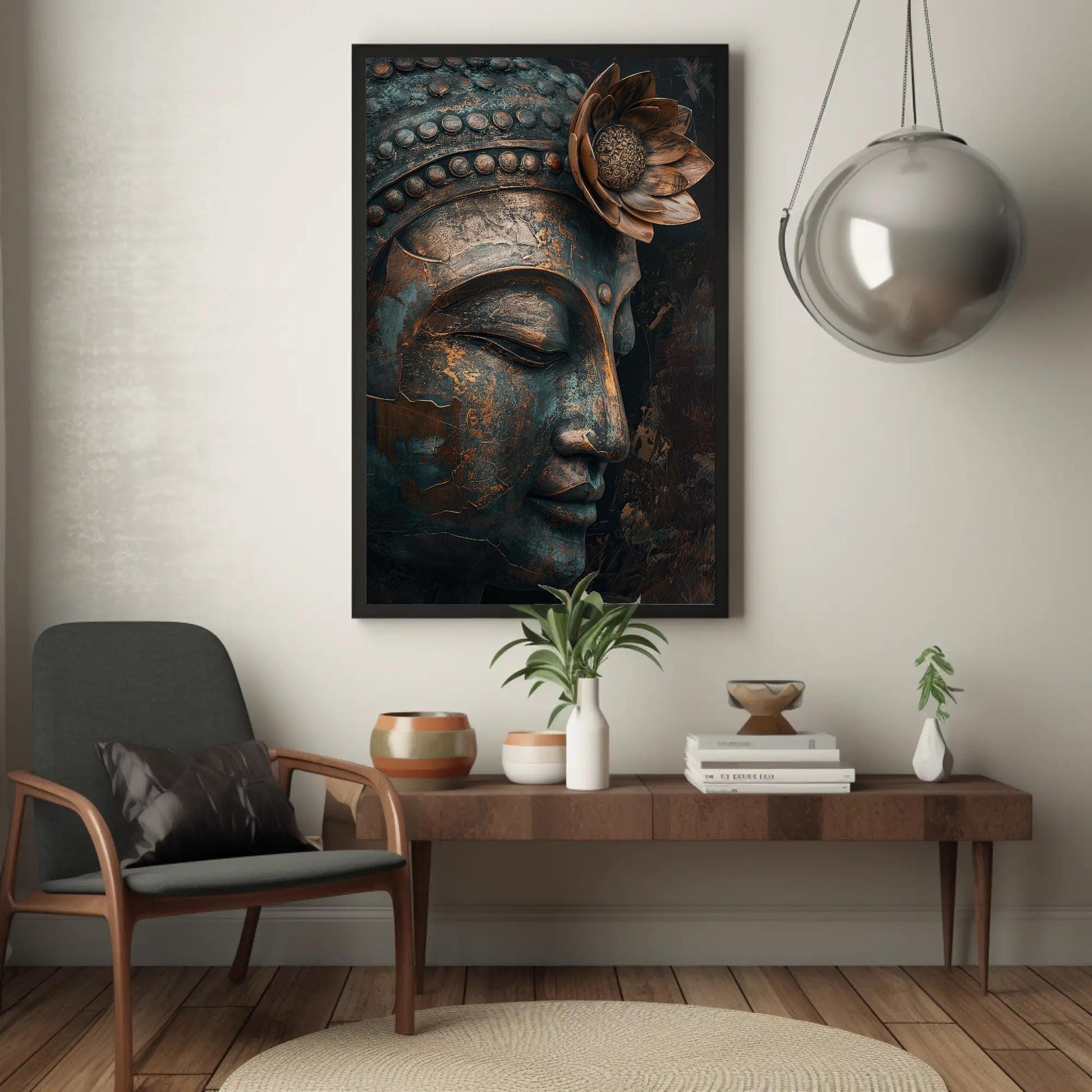 Zen Buddha canvas wall art shown in a styled interior