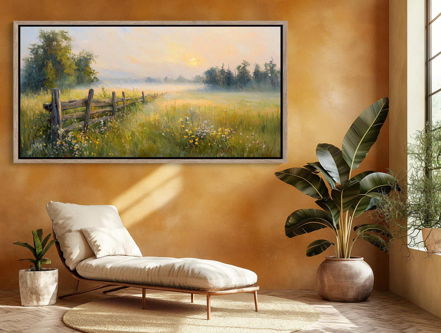 Farmhouse Sunrise canvas wall art shown in a living room