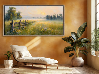Farmhouse Sunrise canvas wall art shown in a living room