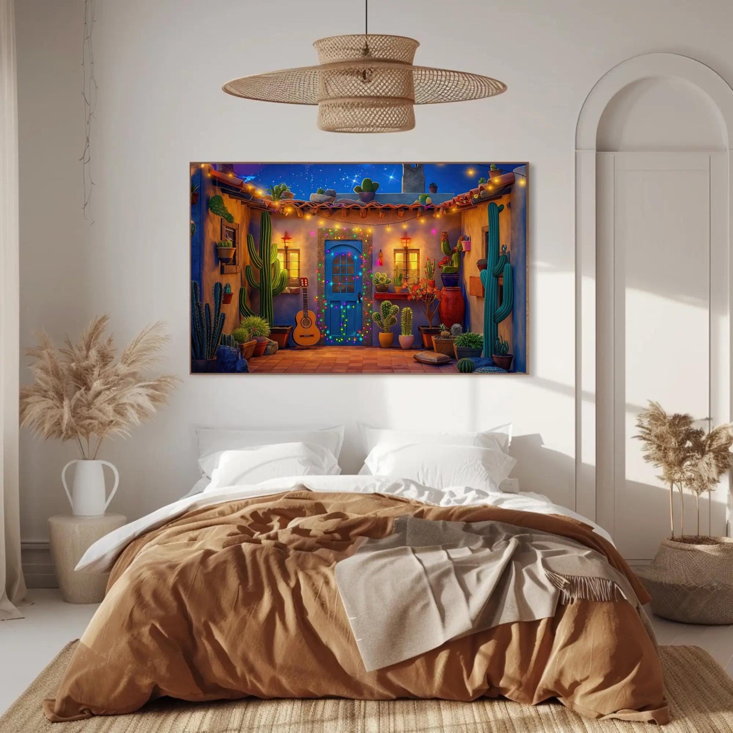 Mexican Fiesta , Colorful Courtyard canvas wall art shown in a bedroom