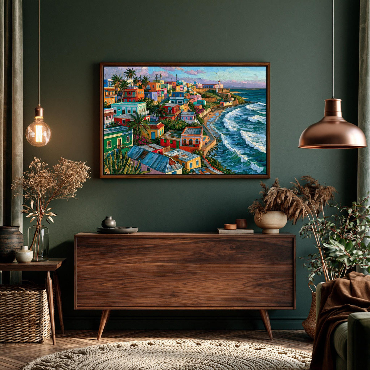 La Perla aerial view canvas wall art, large, colorful painting of a coastal town with palm trees and buildings, hanging on a