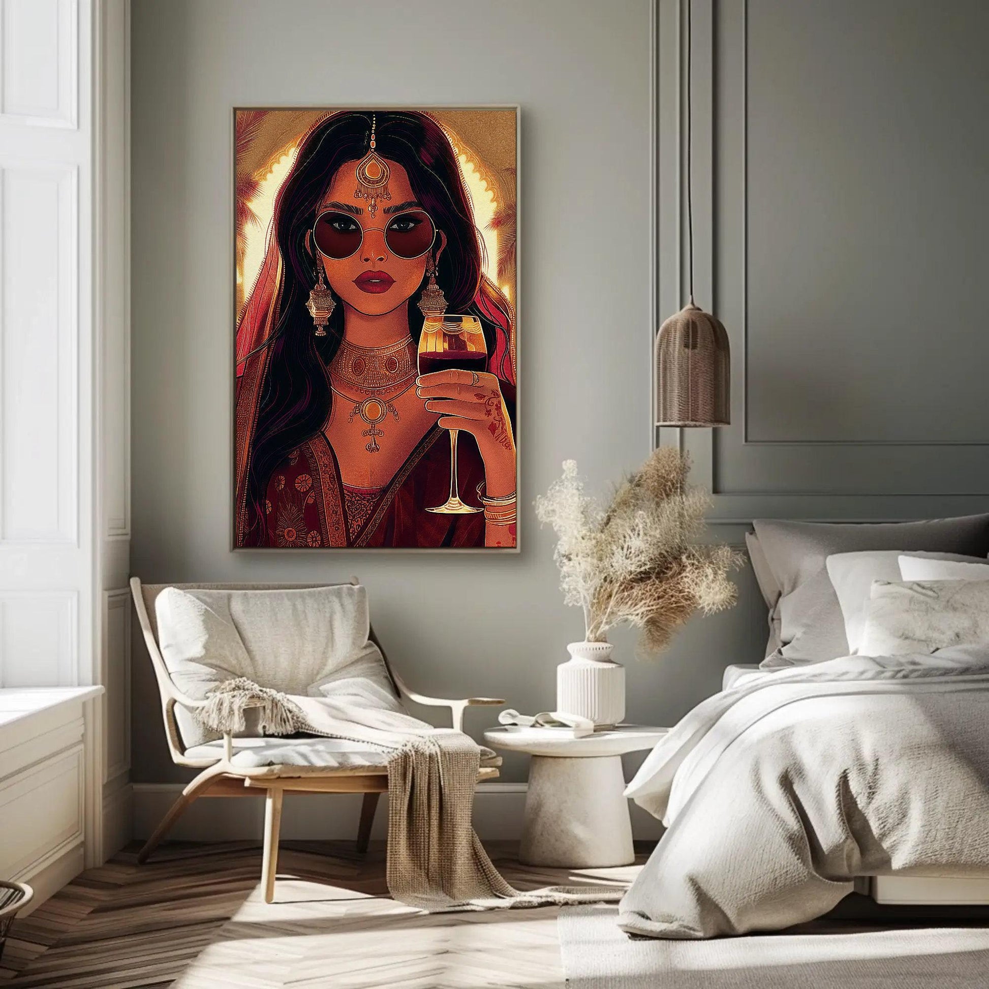 Modern Indian Woman Art canvas wall art shown in a styled room (view 5)