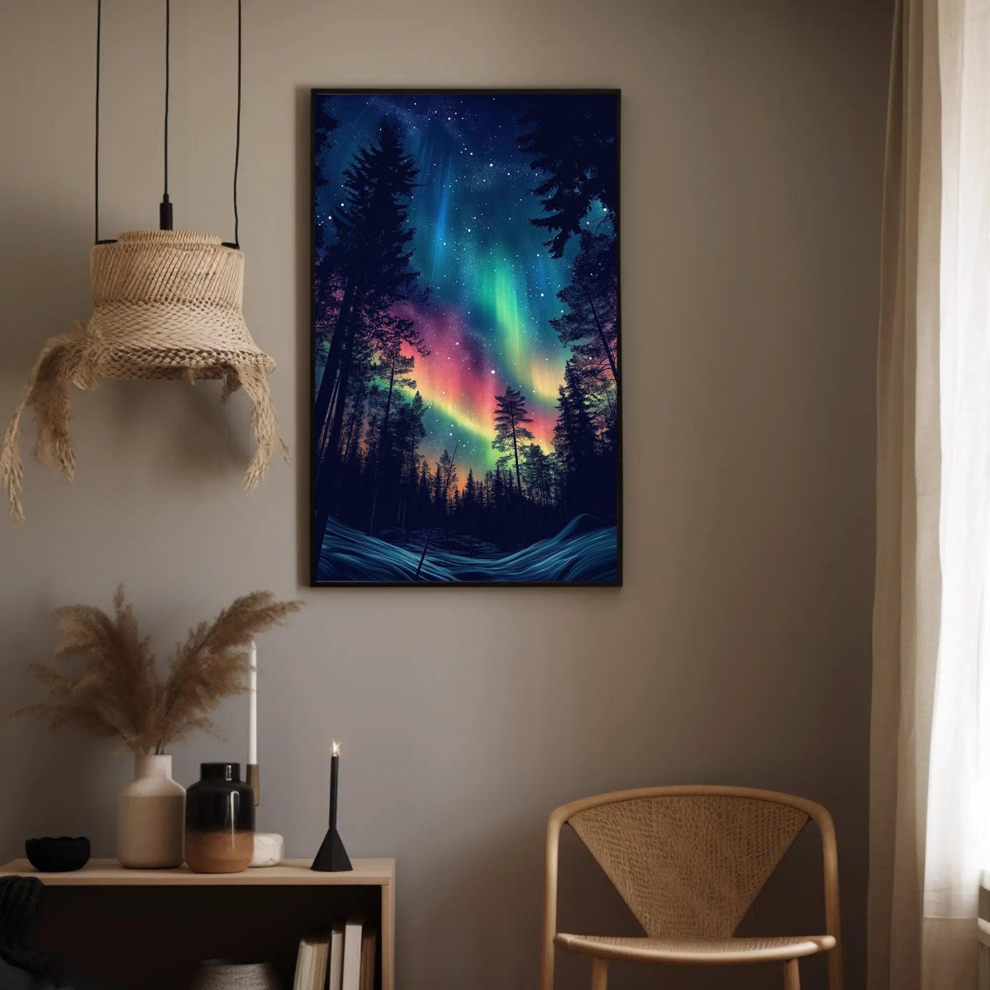 Aurora Borealis canvas wall art shown in a styled interior