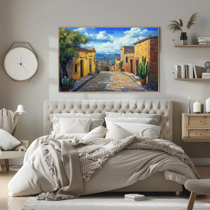 Mexican Village canvas wall art shown in a bedroom (view 2)