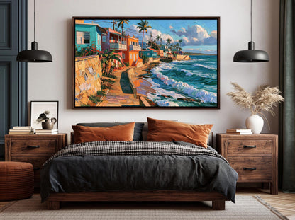 La Perla seaside lane canvas wall art, serene bedroom scene with a large painting of a beach and ocean on the wall above a