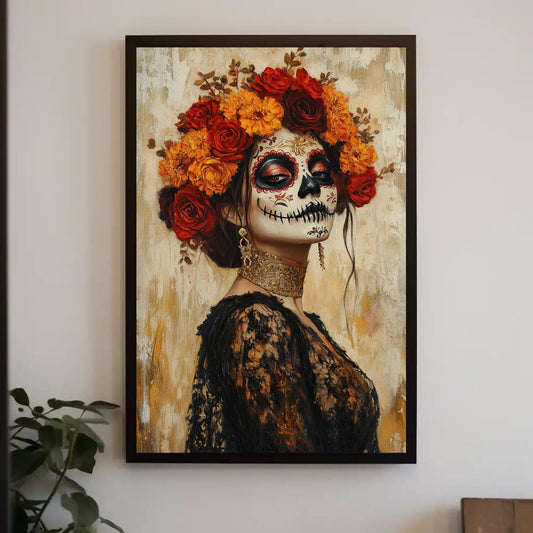 The image is a framed painting depicting a woman with a skull-like face, wearing a black lace dress and a headdress of red and orange flowers.