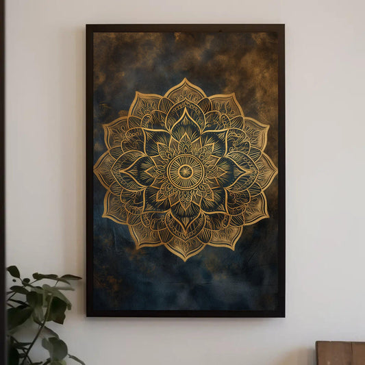 a painting of a gold flower on a white wall