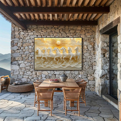 a dining area with a stone wall, a wooden table, and chairs. Above the table, there is a large painting depicting a group of horses running across a landscape with a sun in the background.