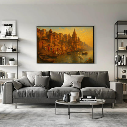 Varanasi Ghats Art canvas wall art shown in a living room