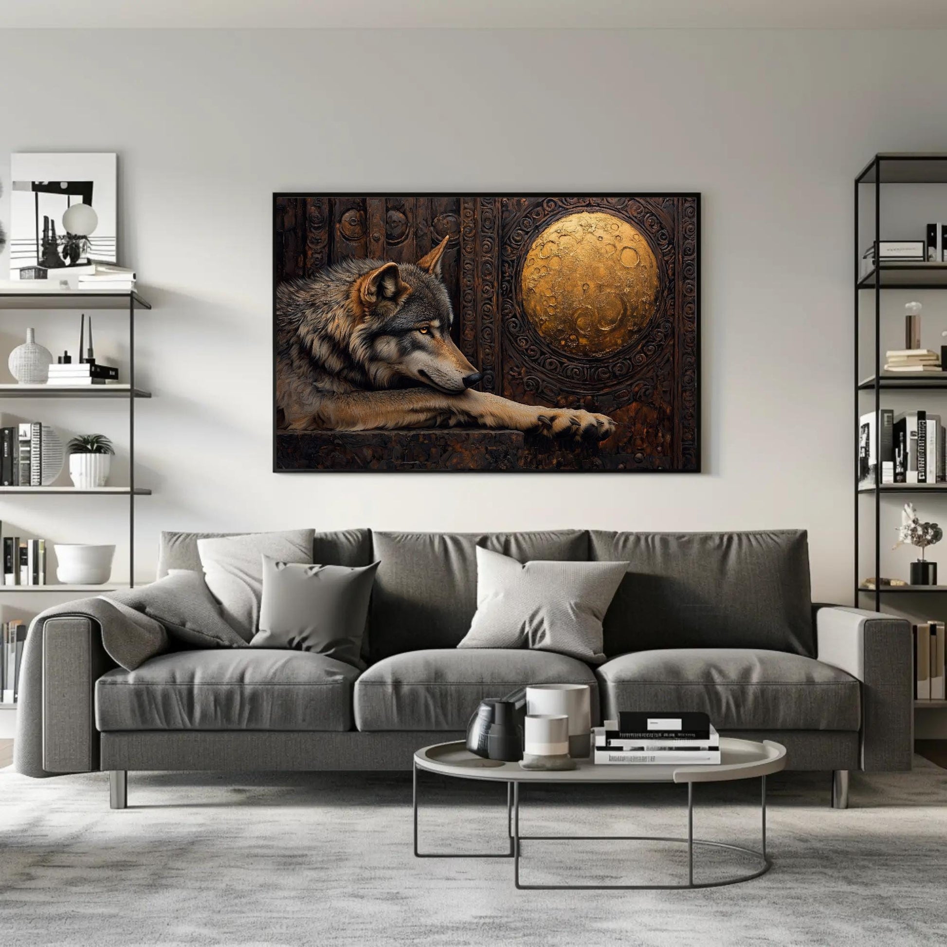 Wolf And Gold Moon Mystical Wildlife Art canvas wall art shown in a living room