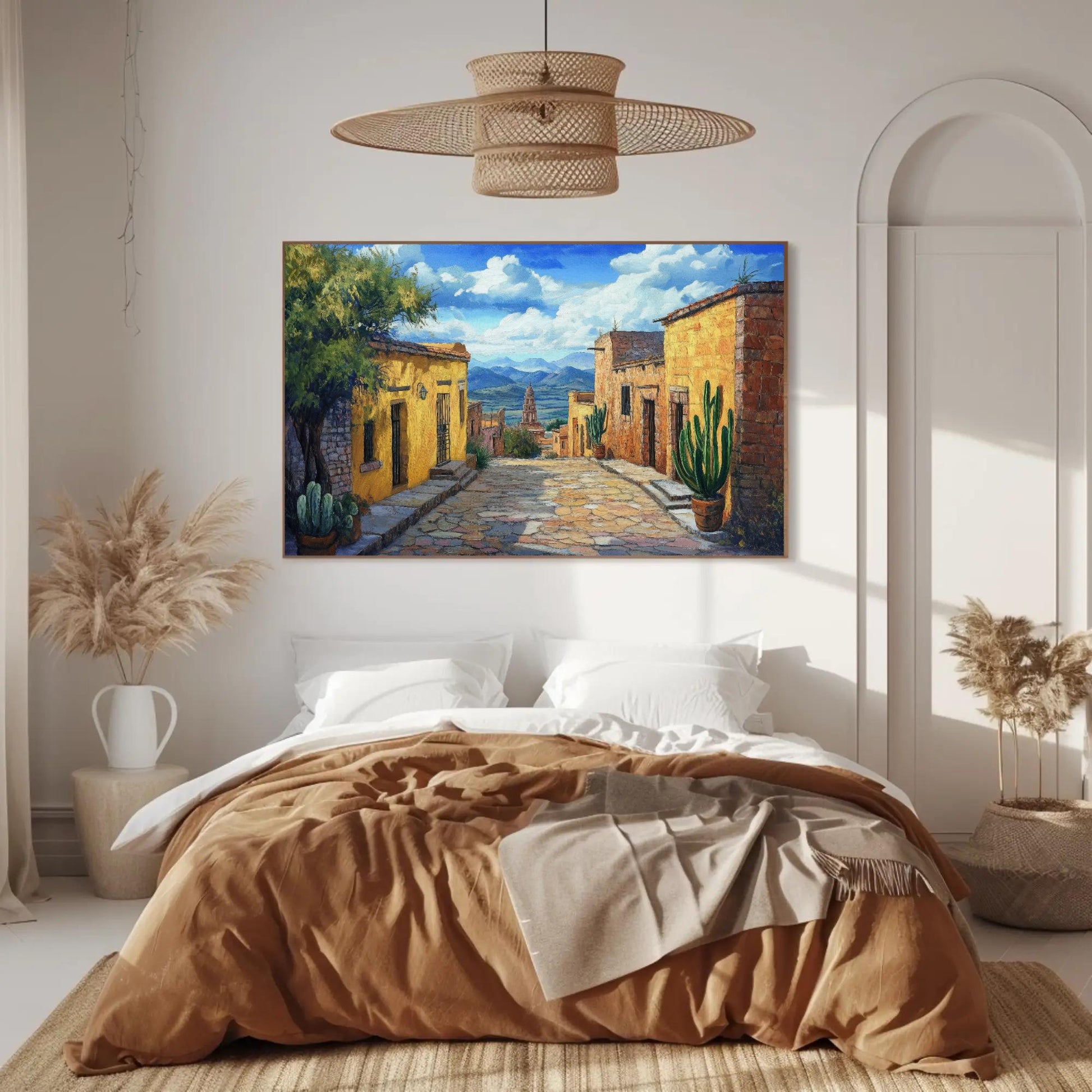 Mexican Village canvas wall art shown in a bedroom (view 4)