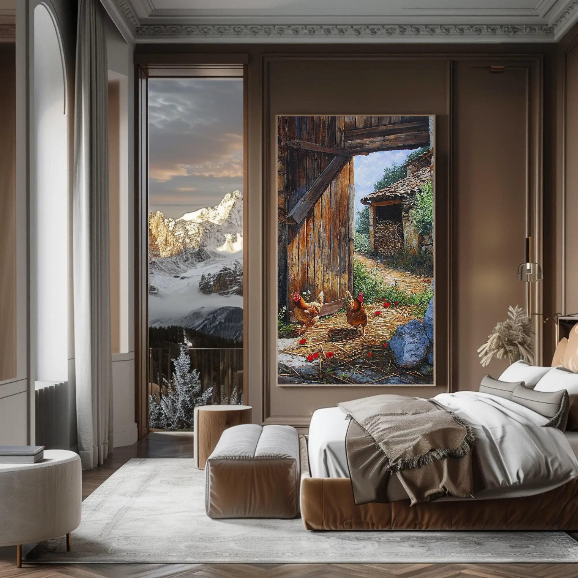 Chickens Barn canvas wall art shown in a bedroom