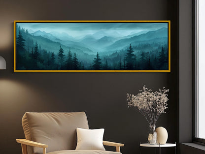 Misty Mountain Forest Art canvas wall art shown in a living room