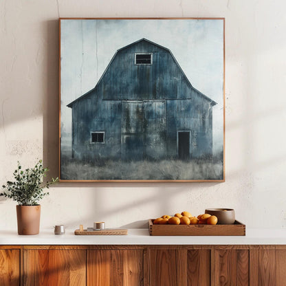 Blue Barn canvas wall art shown in a styled room