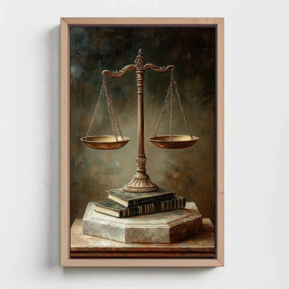 Scales of justice still life canvas wall art, bronze scale with two pans suspended from a central rod, balanced on a stack