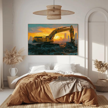 Excavator canvas wall art shown above a bed (view 2)