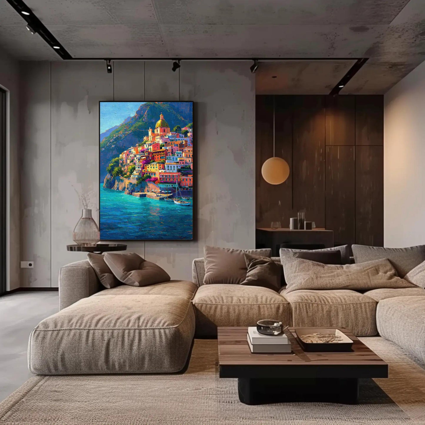 Positano Amalfi Coast Painting canvas wall art shown in a living room (view 2)