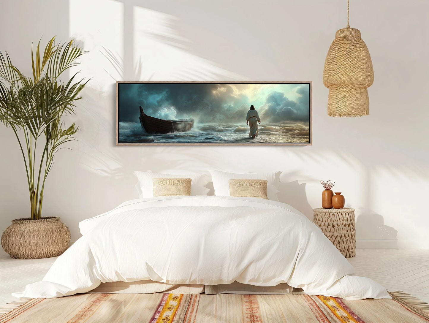 Jesus Walking on Water , Christian Faith canvas wall art shown in a bedroom (view 2)