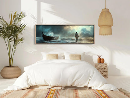Jesus Walking on Water , Christian Faith canvas wall art shown in a bedroom (view 2)