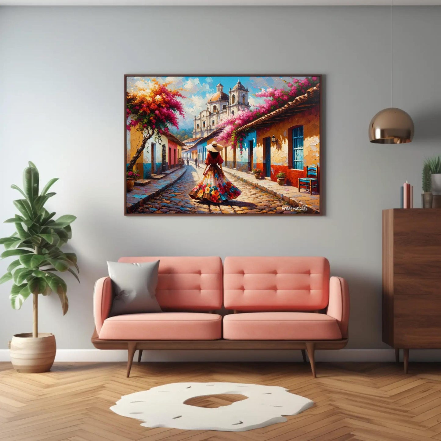 Mexican Town canvas wall art shown in a living room