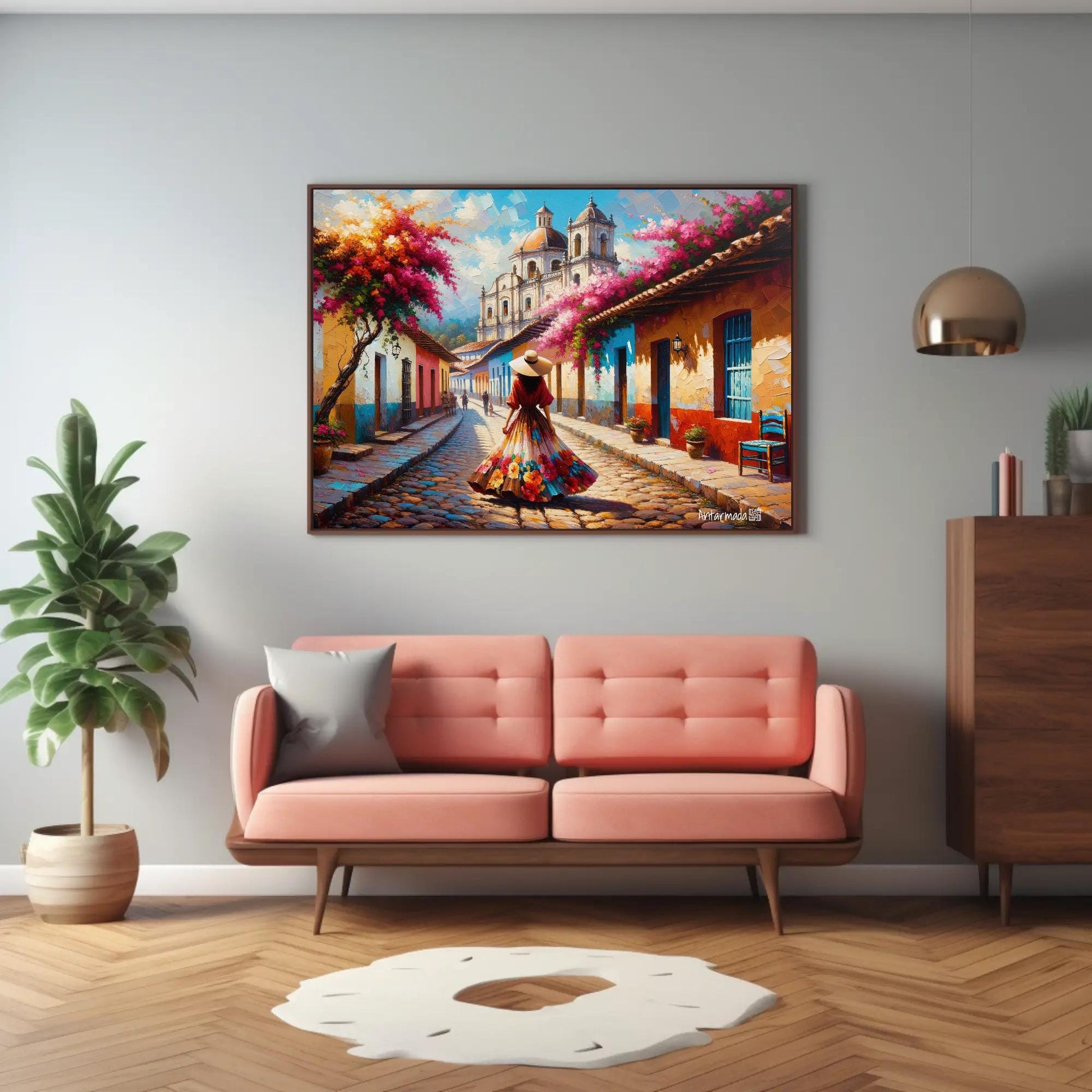 Mexican Town canvas wall art shown in a living room