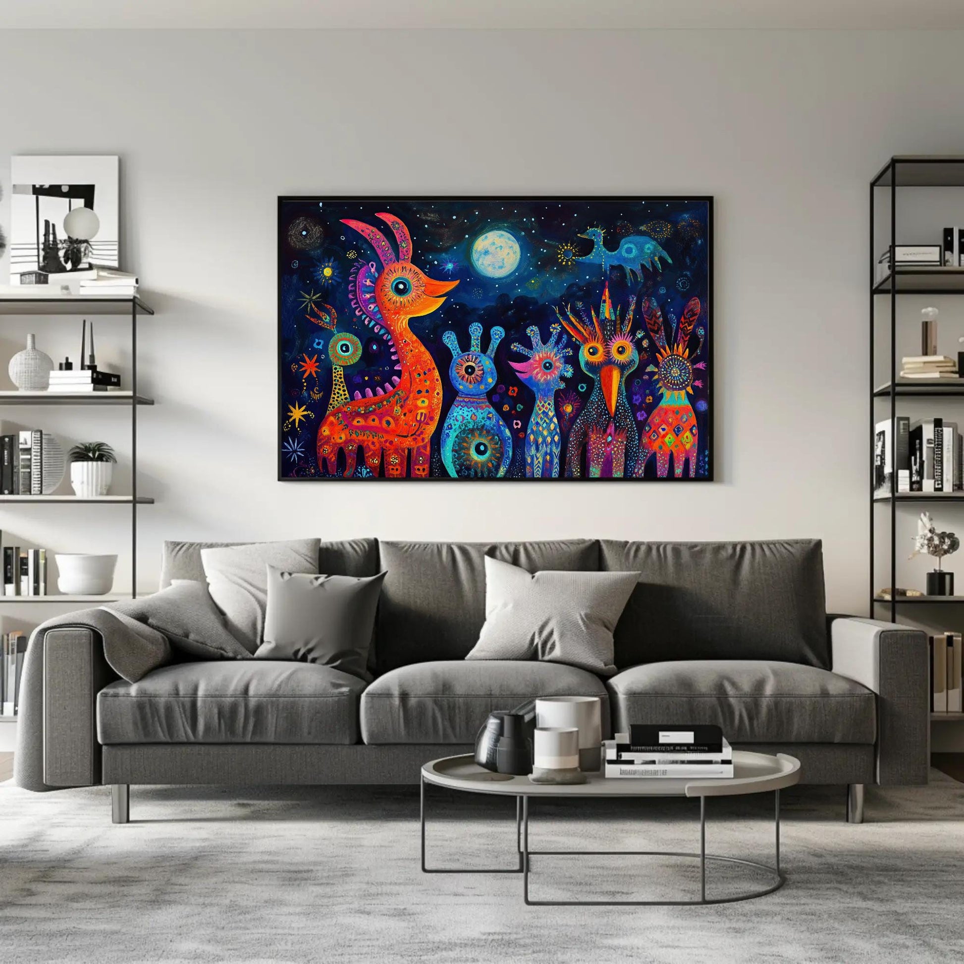 Oaxacan Alebrijes , Mexican Folk Art canvas wall art shown in a living room