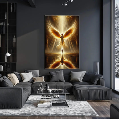 Golden Angel , Guardian Divine Protection canvas wall art shown in a living room (view 3)