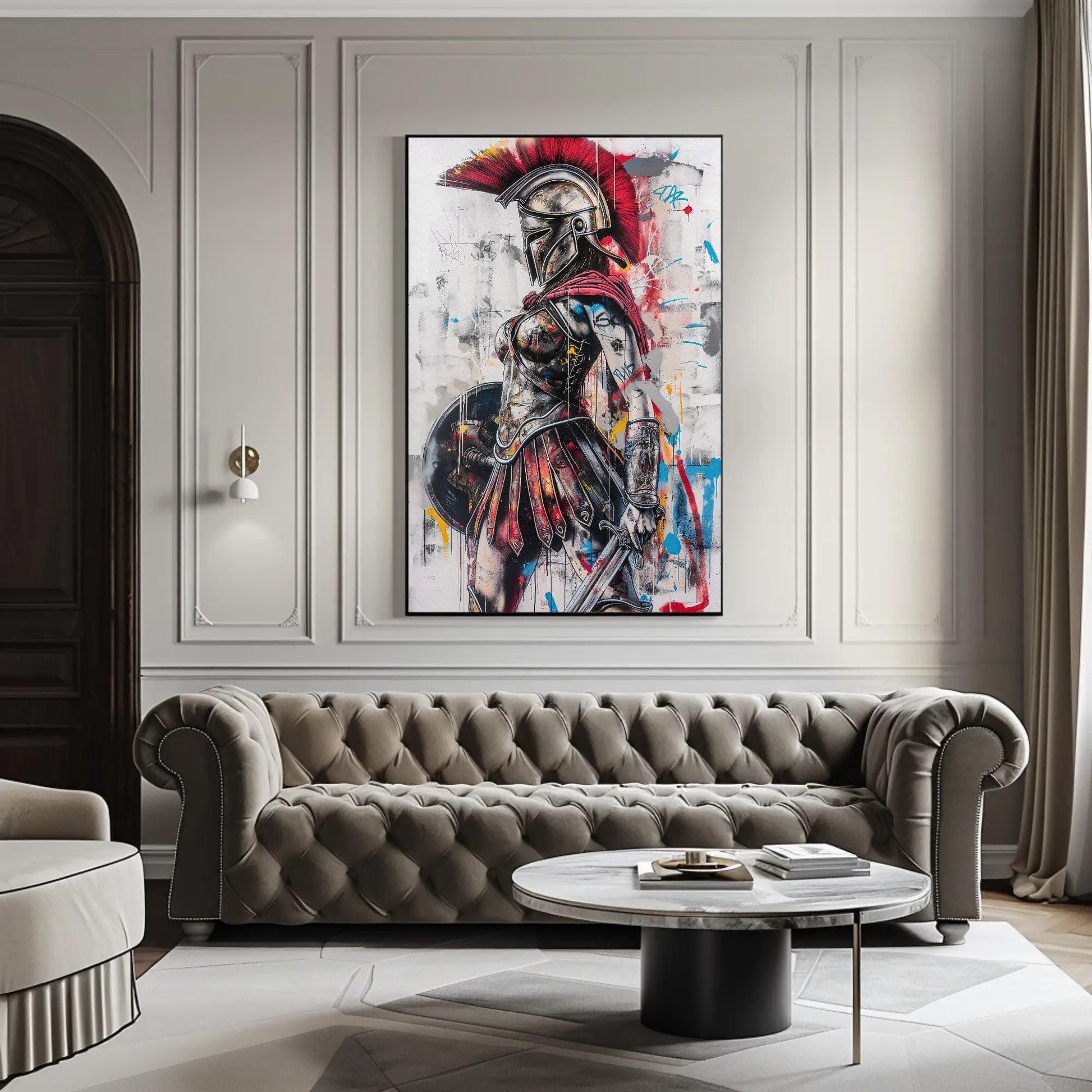 Greek Warrior canvas wall art shown in a living room