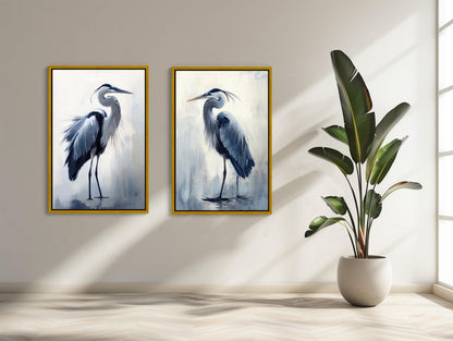 Blue Heron Set of 2 , Coastal Bird art deco canvas wall art, ready to hang