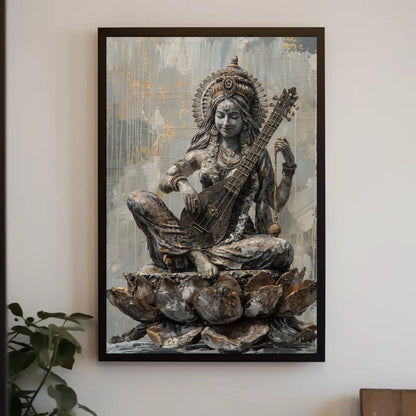 Saraswati Hindu Goddess Art, Framed Spiritual Wall Decor Canvas Print