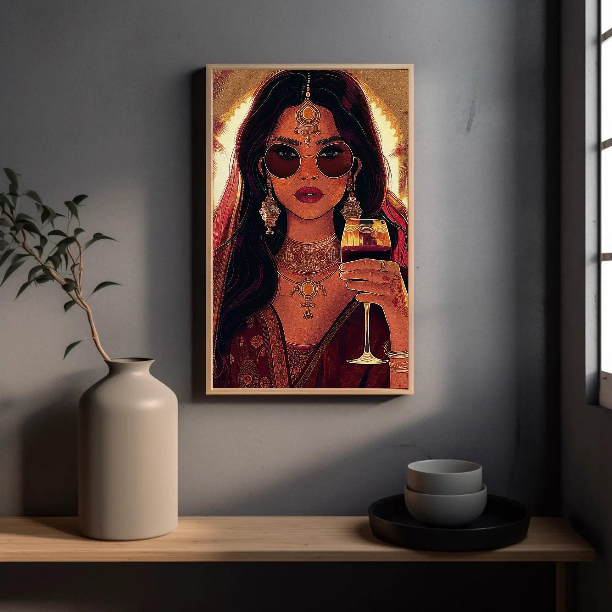 Modern Indian Woman Art canvas wall art shown in a styled room (view 4)