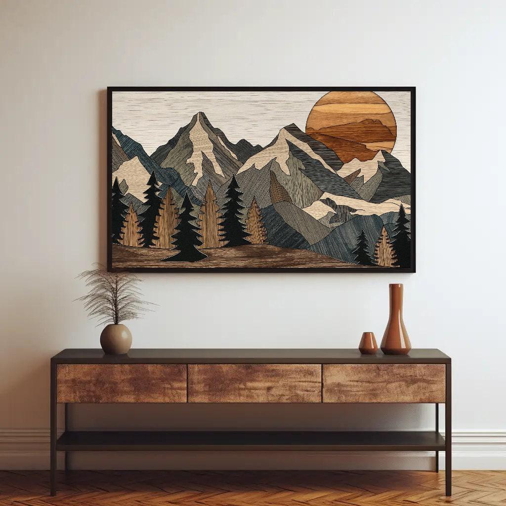 Wood effect mountains canvas wall art, painting hanging on a wall above a table