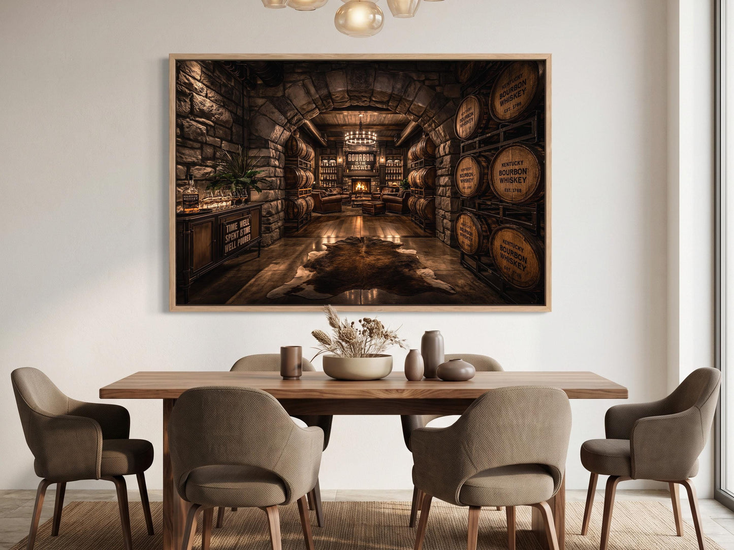 a rustic, old-fashioned room with a large wooden dining table surrounded by six matching chairs. The walls are adorned with wooden barrels, and a chandelier hangs from the ceiling, casting a warm glow over the space. A large framed picture of a wine cellar or distillery is displayed on the wall above the table, creating a cozy and inviting atmosphere.