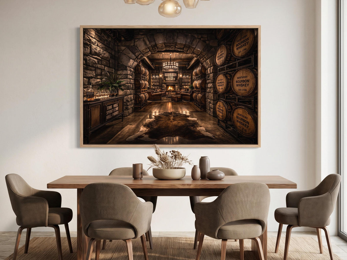 a rustic, old-fashioned room with a large wooden dining table surrounded by six matching chairs. The walls are adorned with wooden barrels, and a chandelier hangs from the ceiling, casting a warm glow over the space. A large framed picture of a wine cellar or distillery is displayed on the wall above the table, creating a cozy and inviting atmosphere.