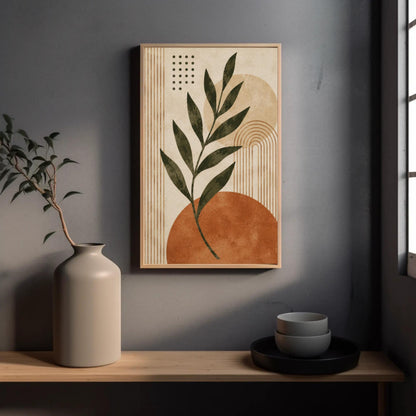 Boho leaf and sun canvas wall art, minimalist interior design with a framed abstract painting hanging on a gray wall above a
