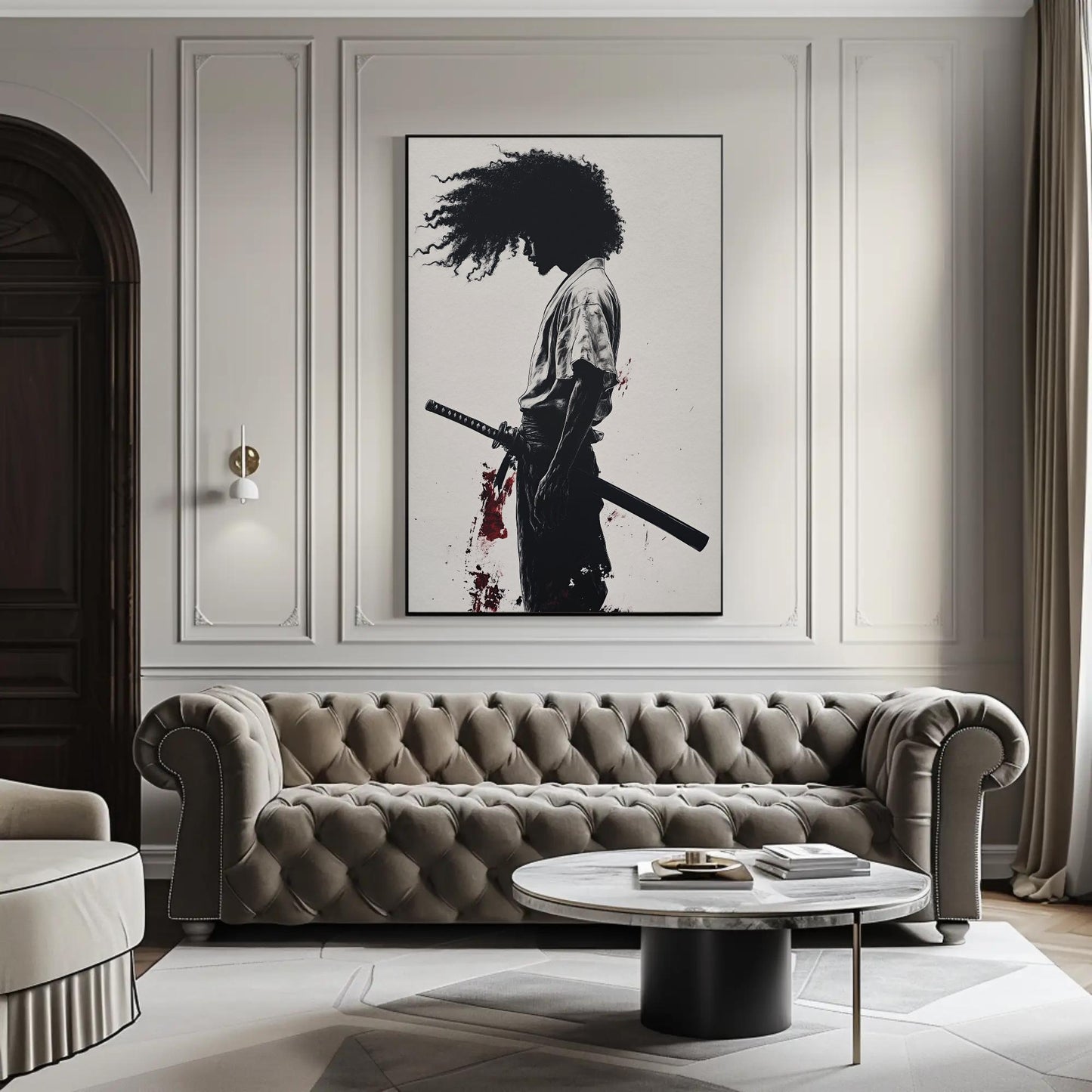 African Samurai , Black Warrior Anime canvas wall art shown in a living room (view 2)