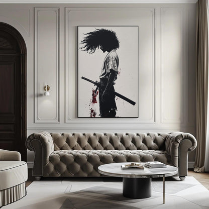 African Samurai , Black Warrior Anime canvas wall art shown in a living room (view 2)